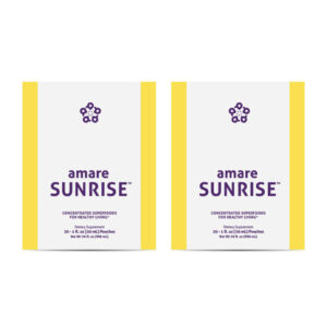 Amare Sunrise (formerly Kyani Sunrise) two product boxes containing 30 single-serving packets each of a natural wellness supplement. The packaging features a vibrant design, highlighting the blend of vitamins, minerals, and antioxidants from 22 superfoods, intended to support daily energy and overall health.