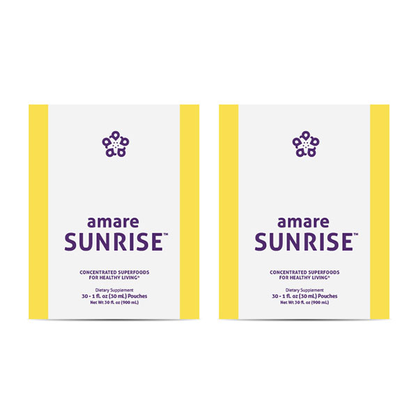 Amare Sunrise (formerly Kyani Sunrise) two product boxes containing 30 single-serving packets each of a natural wellness supplement. The packaging features a vibrant design, highlighting the blend of vitamins, minerals, and antioxidants from 22 superfoods, intended to support daily energy and overall health.