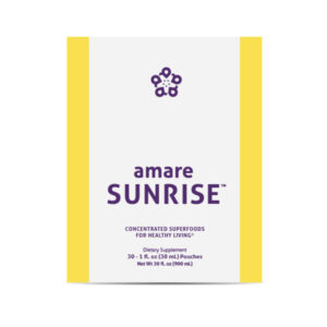 Amare Sunrise (formerly Kyani Sunrise) product box containing 30 single-serving packets of a natural wellness supplement. The packaging features a vibrant design, highlighting the blend of vitamins, minerals, and antioxidants from 22 superfoods, intended to support daily energy and overall health.