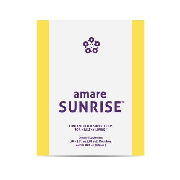 Amare Sunrise (formerly Kyani Sunrise) product box containing 30 single-serving packets of a natural wellness supplement. The packaging features a vibrant design, highlighting the blend of vitamins, minerals, and antioxidants from 22 superfoods, intended to support daily energy and overall health.